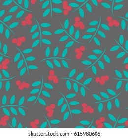 Beautiful stylish seamless pattern with ethnic natural pattern. Green leaves and red berries.