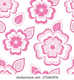 Beautiful stylish seamless pattern with stylized pink, white sakura blossom - japanese cherry tree and leaves. Nature background with spring flower. Floral trendy modern wallpaper. Vector illustration