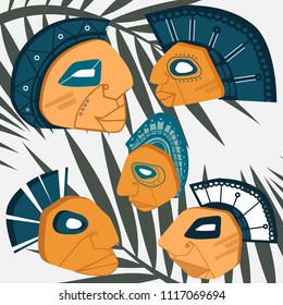 Beautiful, stylish set African masks with large nose and blue hair with patterns and decor. African tribe, customs, traditions, culture Modern vector flat design image isolated on white background.