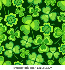 Beautiful stylish st. Patrick's day seamless pattern, green stylized leaf clover on dark background. Spring nature backdrop with shamrock. Floral trendy modern wallpaper. Graphic design, vector