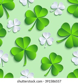 Beautiful stylish st. Patrick's day seamless pattern with grey and green stylized 3d leaf clover cutting paper. Spring nature background. Floral trendy modern wallpaper. Vector illustration