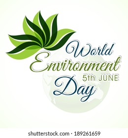 Beautiful stylish text World Environment Day 5th June and illustration of green leaves on grey background. 