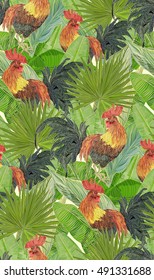 Beautiful, stylish, trendy seamless pattern with symbol 2017 by the Chinese calendar - red fire rooster. Print with decorative roosters and rowan berries. 