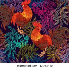 Beautiful, stylish, trendy seamless pattern with symbol 2017 by the Chinese calendar - red fire rooster. Print with decorative roosters and rowan berries. 