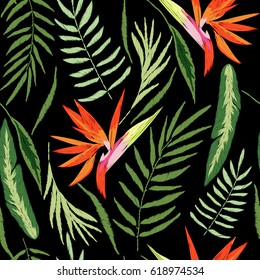 Beautiful, stylish, trendy, vector pattern of embroidered tropical elements: pineapples, leaves and toucans. Seamless vector floral pattern, summer background.