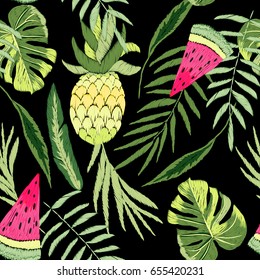 Beautiful, stylish, trendy, vector pattern of embroidered tropical elements: pineapples, leaves and toucans. Seamless vector floral pattern, summer background.