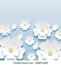 Beautiful stylish trendy wallpaper blue with 3d flowers sakura and leaves. Greeting or invitation card with stylized flowers sakura. Modern vector background. Vector illustration