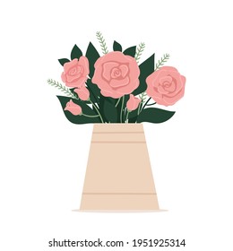 Beautiful stylish vase with a bouquet of flowers. Greeting card. Mothers day, international womens day, birthday. Spring flat vector illustration isolated on white background.