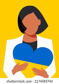 A beautiful stylish woman believes in the victory of Ukraine and holds hearts in the colors of the flag in her hand on a yellow vertical background. Peace to Ukraine. Vector.
