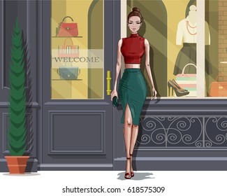 Beautiful stylish woman with boutique facade background. Vector illustration.