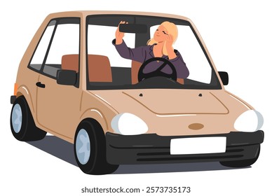 Beautiful stylish woman driver cartoon character doing makeup applying mascara looking in rear view mirror sitting behind steering wheel while driving car hurrying for work vector illustration