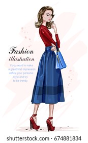 Beautiful stylish woman in fashion clothes. Fashion model posing. Hand drawn fashion girl. Sketch. Vector illustration.