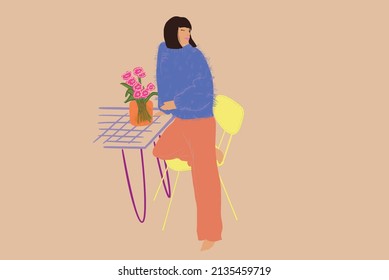 Beautiful stylish woman standing relaxed by the table with vase of flowers. Beauty, home coziness and style concept. Vector illustration