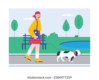 Beautiful stylish woman is walking in the city park with her beloved dog. Design character. Vector flat illustration