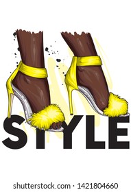 Beautiful stylish women's shoes with fluffy fur. Trendy sandals with high heels. Fashion and style, clothing and accessories. Vector illustration.