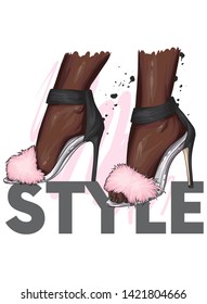 Beautiful stylish women's shoes with fluffy fur. Trendy sandals with high heels. Fashion and style, clothing and accessories. Vector illustration.