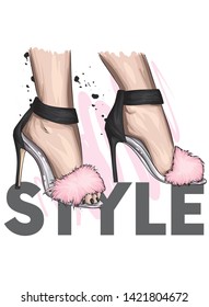 Beautiful stylish women's shoes with fluffy fur. Trendy sandals with high heels. Fashion and style, clothing and accessories. Vector illustration.