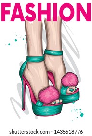 Beautiful stylish women's shoes with fluffy fur. Trendy sandals with high heels. Fashion and style, clothing and accessories. Vector illustration.