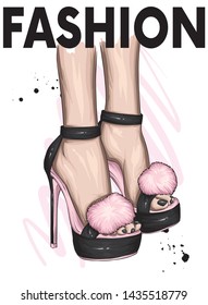 Beautiful stylish women's shoes with fluffy fur. Trendy sandals with high heels. Fashion and style, clothing and accessories. Vector illustration.
