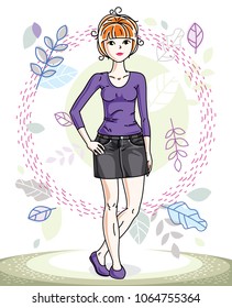 Beautiful stylish young red-haired woman posing on background of spring landscape and wearing different casual clothes. Vector nice lady illustration. Springtime theme clipart.