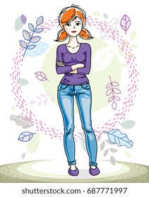 Beautiful stylish young red-haired woman posing on background of spring landscape and wearing different casual clothes. Vector nice lady illustration. Springtime theme clipart.