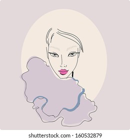 Beautiful stylish young woman with perfect make-up and hairstyle on light background. Fashion model hand drawn design element,banner,cartoon,female character. Vector Illustration