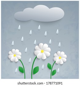 Beautiful stylized 3d illustration with rain, flowers and cloud.