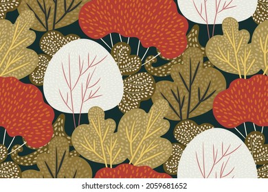 Beautiful Stylized abstract autumn trees pattern  Seamless texture and hand  drawn golden  red oaks  maples  firs  aspens… Botanical wallpaper  print in Asian oriental style  Vector illustration
