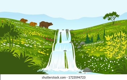 Beautiful stylized bear families walk past a waterfall. Breathtaking view wallpaper. Vector illustration