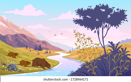 Hermosas familias de osos estilizados caminan por la naturaleza. Papel de la pared con impresionantes vistas al paisaje. Ilustración del vector