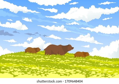 Schöne, stylisierte Bärenfamilien gehen auf dem Feld. Atemberaubender Blick auf die Tapete. Vektorillustration