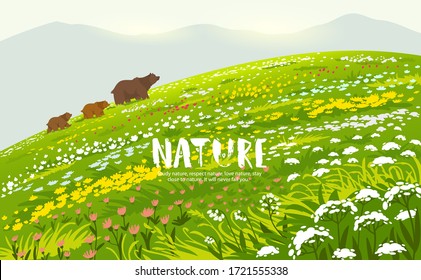 Hermosas familias de osos estilizados caminando en el campo. Papel pintado con vistas impresionantes. Ilustración del vector