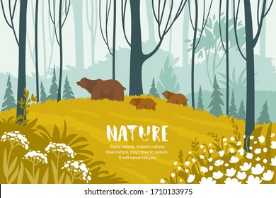 Beautiful stylized bears walking on the forest. Amazing wallpaper. Vector illustration