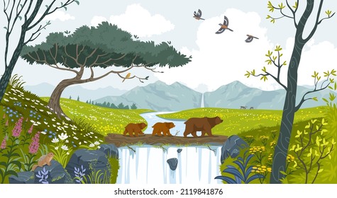 Hermosos osos estilizados caminando por la asombrosa naturaleza. Papel mural con vistas impresionantes. Ilustración del vector