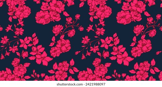 Hermosas ramas estilizadas con estampado floral. Silhouettes artístico abstracto rojo brillante flores silvestres con una hoja gentilmente minúscula, brotes sobre un fondo oscuro. Ilustración dibujada por vectores. Plantilla para el diseño