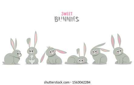 Beautiful stylized cartoon set with cute bunnies on white background. Vector illustration