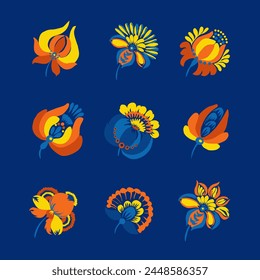 Beautiful stylized floral ornament. Flower symbol in yellow and blue colors.