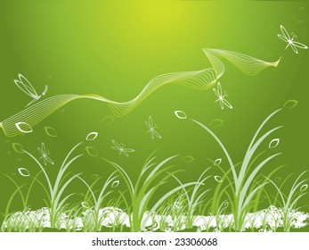 A beautiful stylized garden with dragonflies and green grass