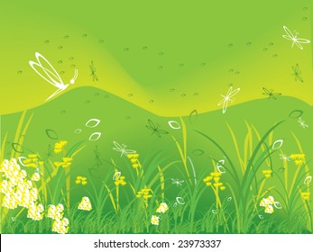 A beautiful stylized garden with flowers,dragonflies and green grass and hills