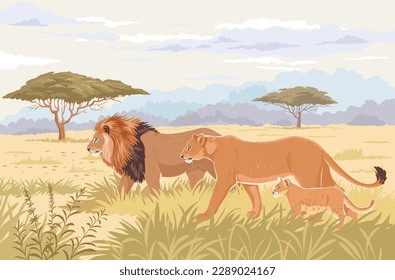 Beautiful stylized lions walking on the amazing nature. Vector illustration