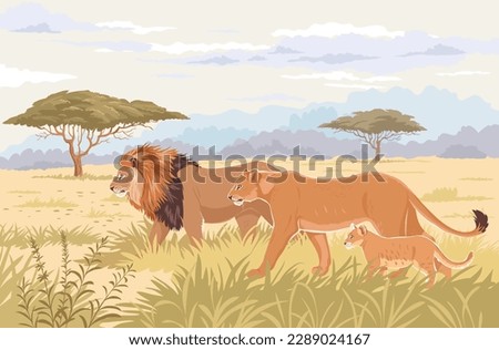 Beautiful stylized lions walking on the amazing nature. Vector illustration