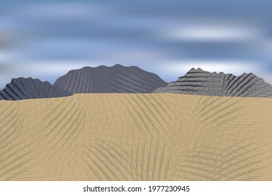Beautiful stylized meadow view with distant mountains and cloudy sky.