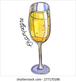 Beautiful stylized painting - a bright watercolor glass with golden champagne isolated on a white background. Hand-drawn vector illustration with lettering for design menus cafe, bar, restaurant.