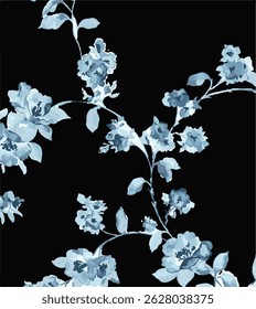 Schönes stilisiertes nahtloses Blumenmuster. Die Farben Blau, Grau und Gelb dominieren. Trendy Blumenmuster auf endlosem blauen Hintergrund.