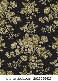 Beautiful stylized seamless floral pattern. Blue, gray and yellow colors dominate. Trendy floral pattern on endless blue background.