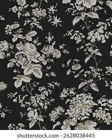 Beautiful stylized seamless floral pattern. Blue, gray and yellow colors dominate. Trendy floral pattern on endless blue background.