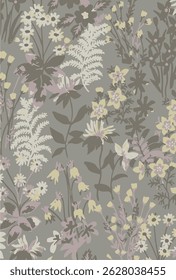 Beautiful stylized seamless floral pattern. Blue, gray and yellow colors dominate. Trendy floral pattern on endless blue background.