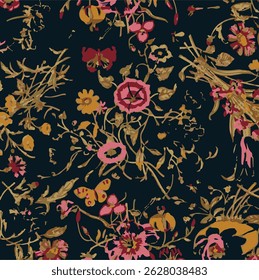 Hermoso patrón floral sin costuras estilizado. Los colores azul, gris y amarillo dominan. Patrón floral de moda sobre fondo azul sin fin.