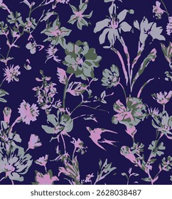 Beautiful stylized seamless floral pattern. Blue, gray and yellow colors dominate. Trendy floral pattern on endless blue background.