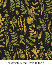 Beautiful stylized seamless floral pattern. Blue, gray and yellow colors dominate. Trendy floral pattern on endless blue background.